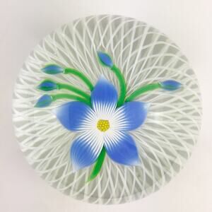 Perthshire 1984D Floral Spray Blue Lampwork Flower Spiral Latticinio Paperweight